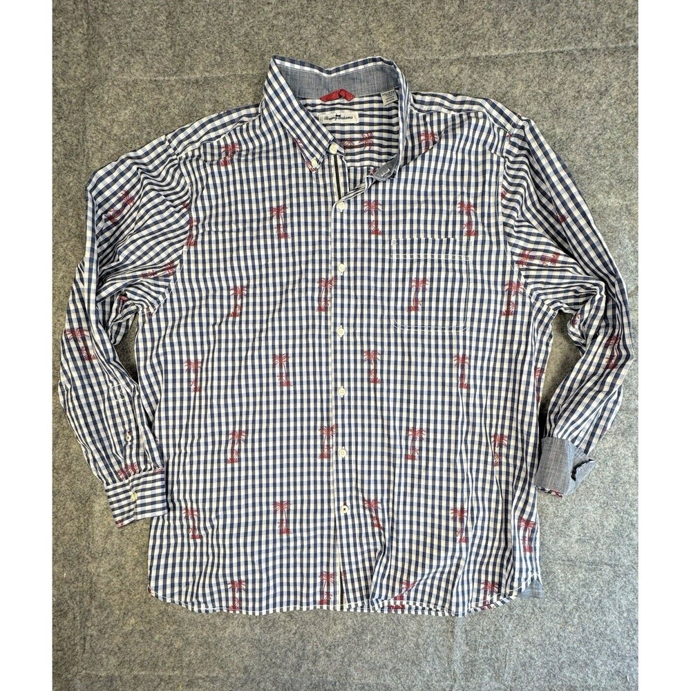 Tommy Bahama Long Sleeve Blue Shirt Men's Button Down Cotton Blend 2XL Palm Tree